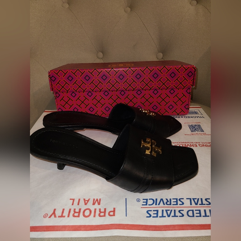 Tory Burch Designer Everly Kitten Heel Black Slide Sandals Gold Logo 8 - Picture 2 of 11